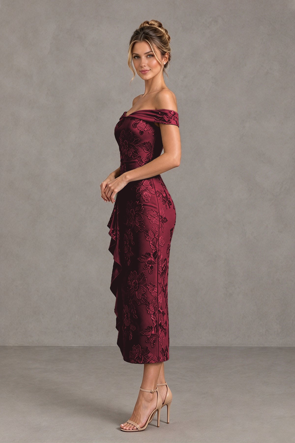 BOLODOO Burgundy Off Shoulder Floral Jacquard Midi Dress - Burgundy - Burgundy(3)