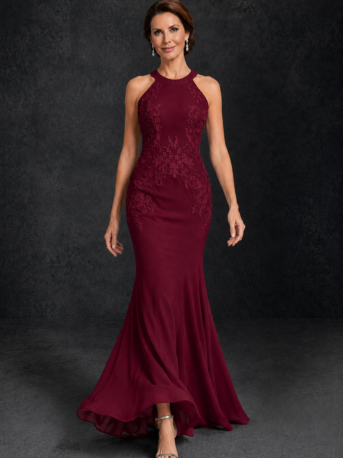 BOLODOO Burgundy Lace Applique Halter Neck Sheer Back Mermaid Maxi Dress with Sweep Train - Burgundy
