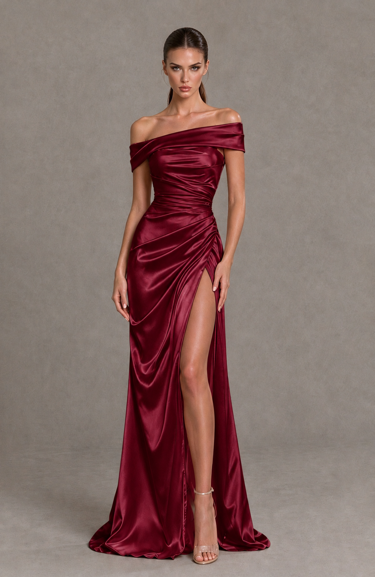 BOLODOO Burgundy Off-the-Shoulder Ruched Satin Prom & Evening Dress with High Slit - Burgundy - Burgundy_3