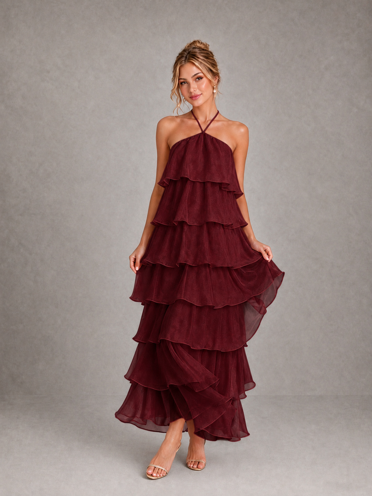 BOLODOO Burgundy Halter Tiered Ruffle Maxi Bridesmaid Dress - Burgundy - Burgundy_3