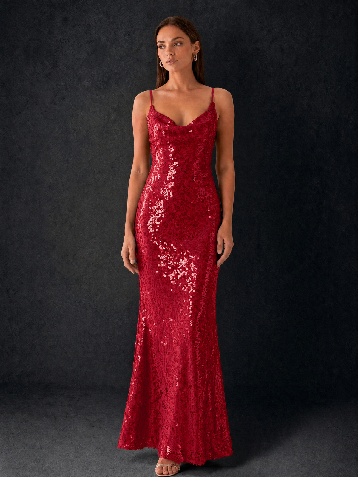 BOLODOO Bronze Sequin Cowl Neck Spaghetti Strap Mermaid Maxi Dress with Open Criss-Cross Back - Burgundy - Burgundy