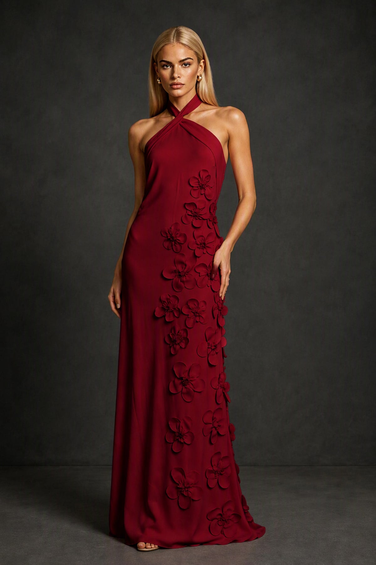 BOLODOO Burgundy Cross Halter Neck 3D Floral Appliqué Backless Mermaid Maxi Gown - Burgundy