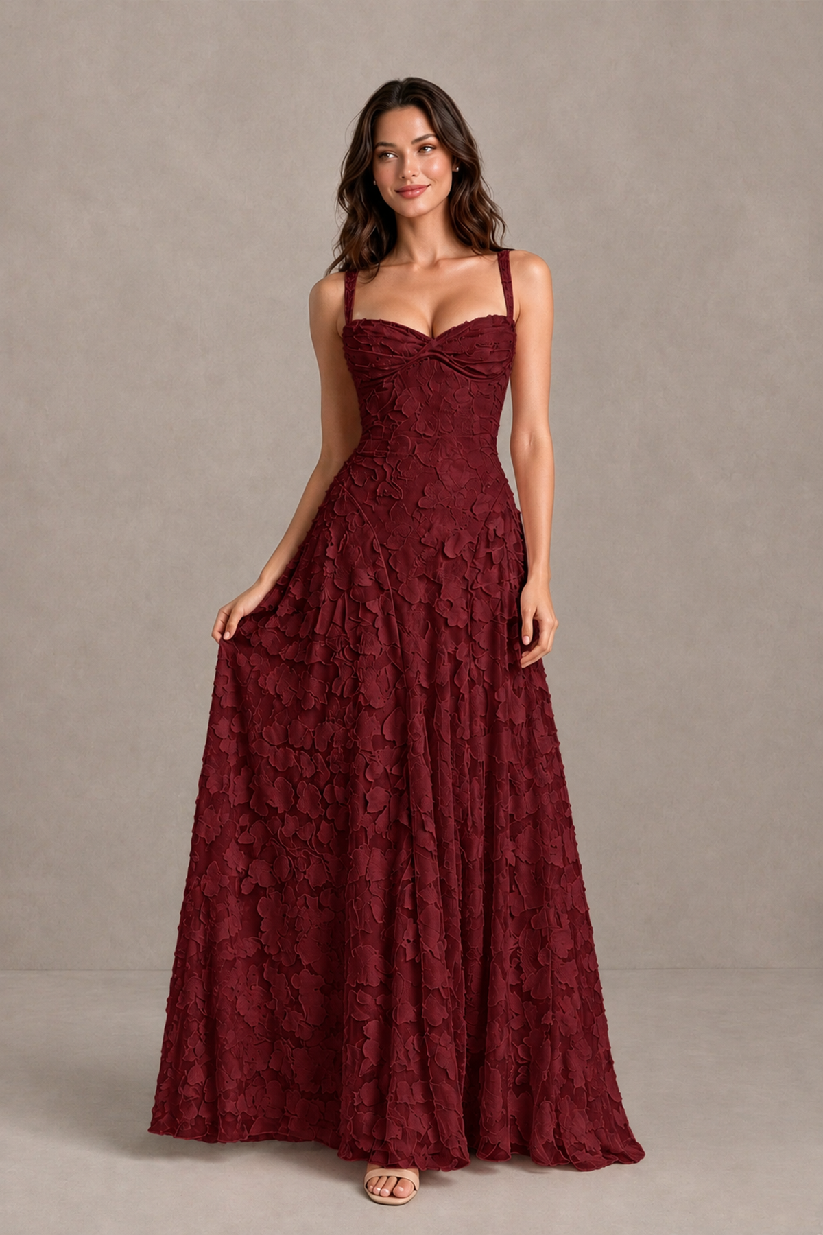 BOLODOO Burgundy Floral-Textured A-Line Dress with Lace-Up Back - Burgundy - Burgundy_3