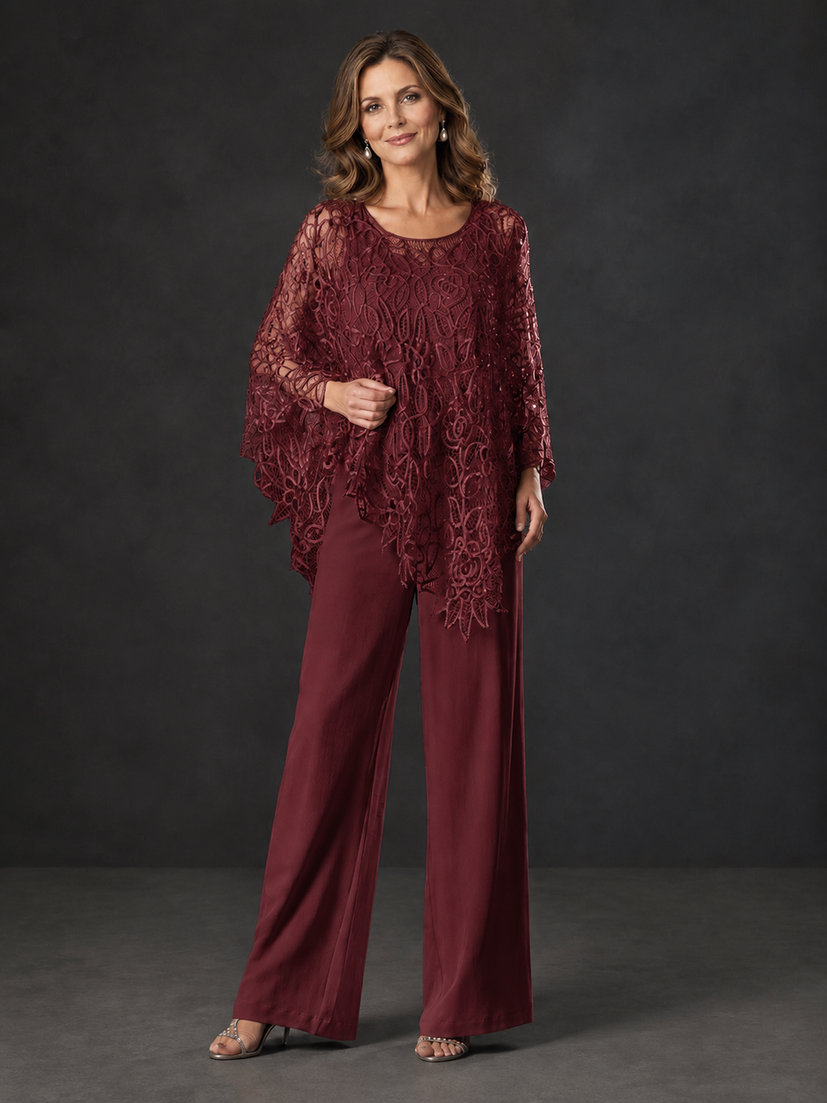 BOLODOO Burgundy Lace Overlay Wide-Leg Pantsuit for Mothers of the Bride - Burgundy