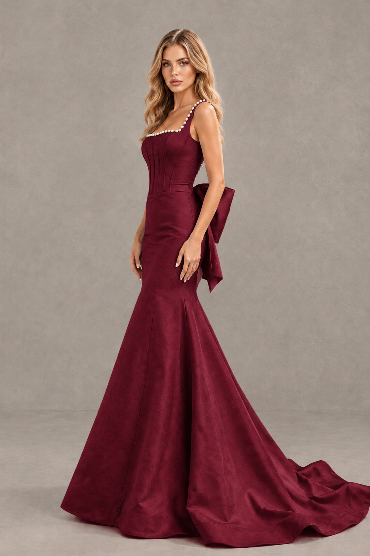 BOLODOO Burgundy Pearl-Trim Mermaid Prom Dress with Back Bow - Burgundy - Burgundy_3