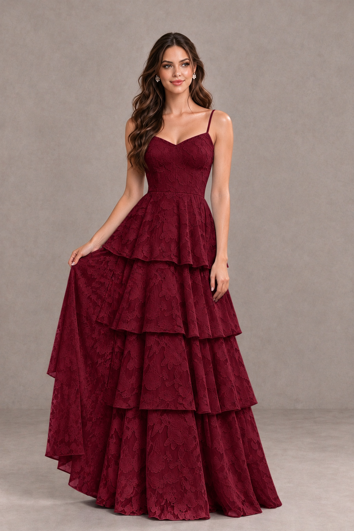 BOLODOO Burgundy Tiered Floral-Textured Spaghetti Strap Maxi Dress - Burgundy - Burgundy_3