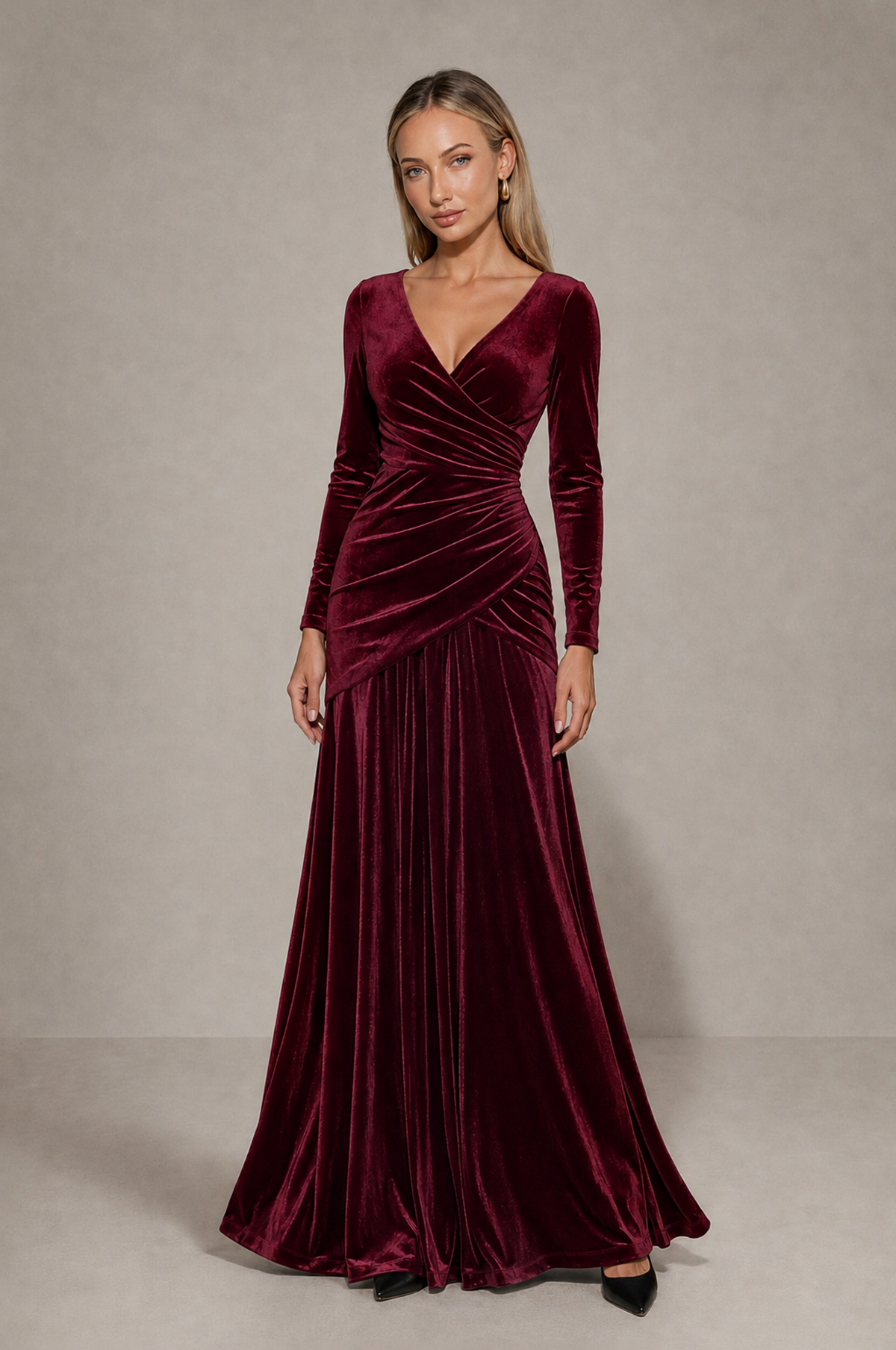 BOLODOO Burgundy Velvet Long Sleeve V-Neck Ruched Evening Dress - Burgundy - Burgundy_3