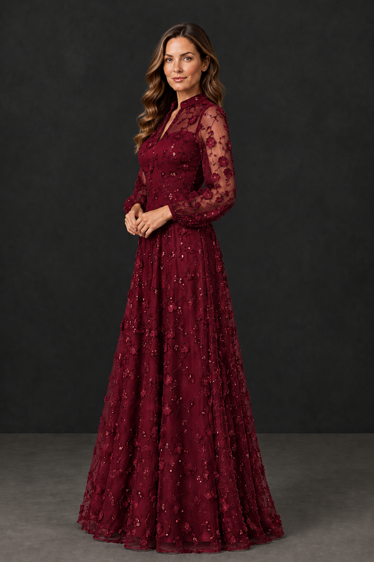 BOLODOO Burgundy Long Sleeve Floral Mother of the Bride Dress - Burgundy - Burgundy_3