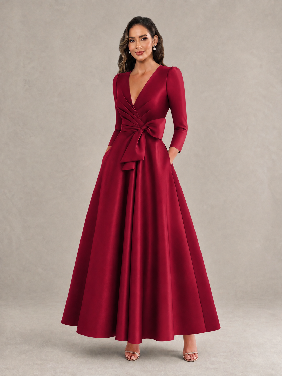 BOLODOO Burgundy Satin Deep V-Neck Wrap 3/4 Puff Sleeve A-Line Ball Gown Maxi Dress with Oversized Bow Belt - Burgundy