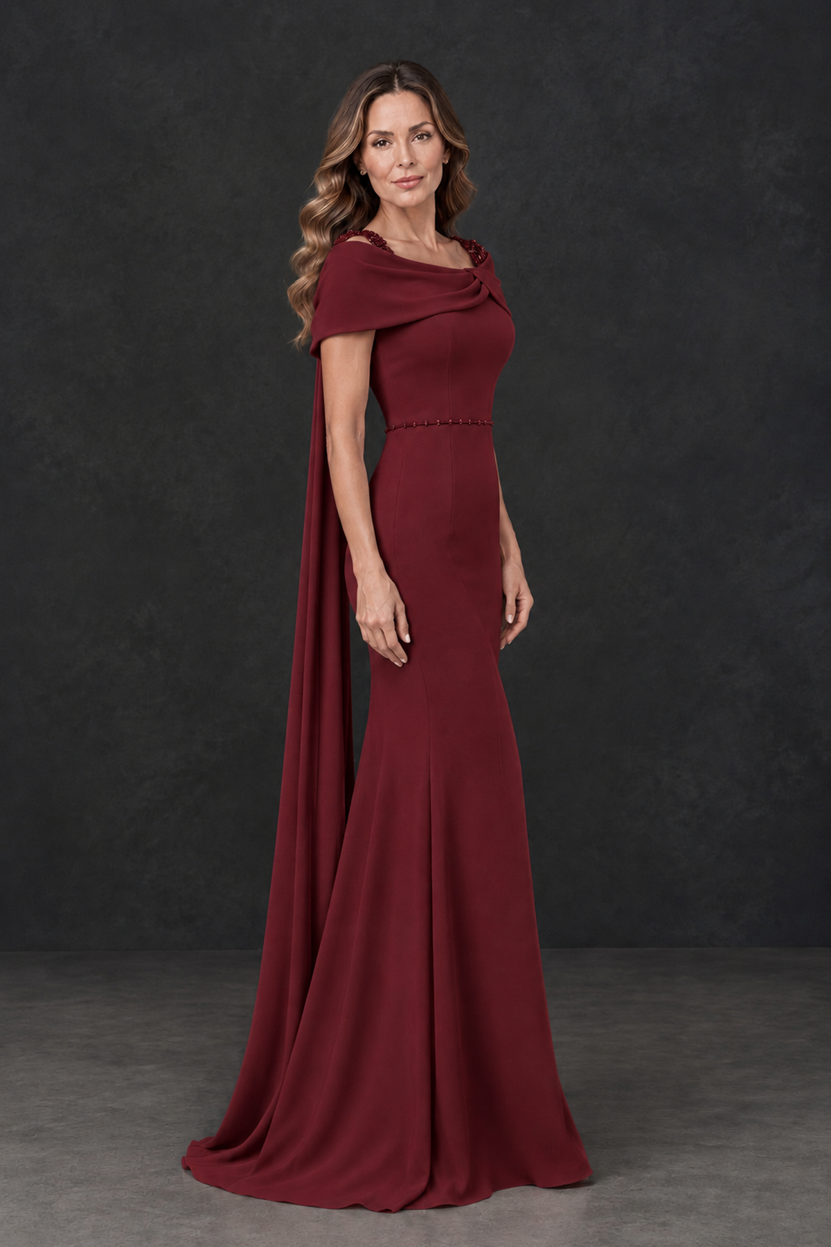 BOLODOO Burgundy Mother of the Bride Dress with Draped Cape Detail - Burgundy - Burgundy_3