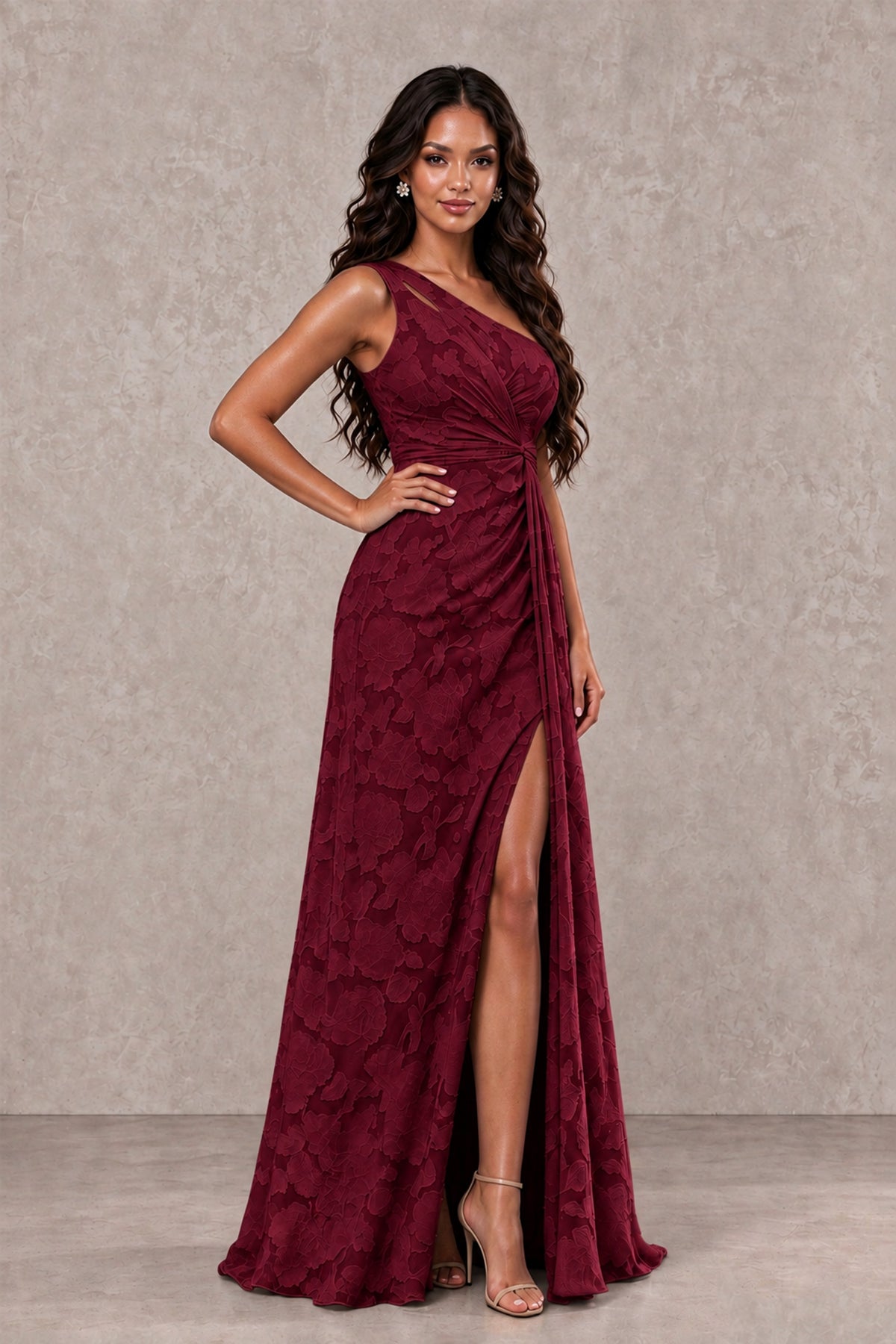 BOLODOO Burgundy One-Shoulder Floral Textured Maxi Dress with High Slit - Burgundy - Burgundy_3