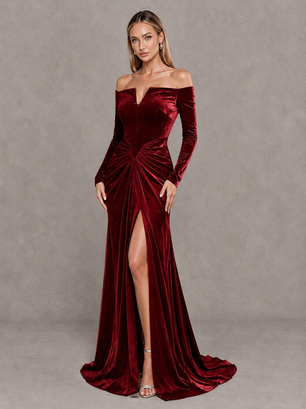 BOLODOO Burgundy Off-Shoulder Velvet Evening Gown with High Slit - Burgundy - Burgundy_3