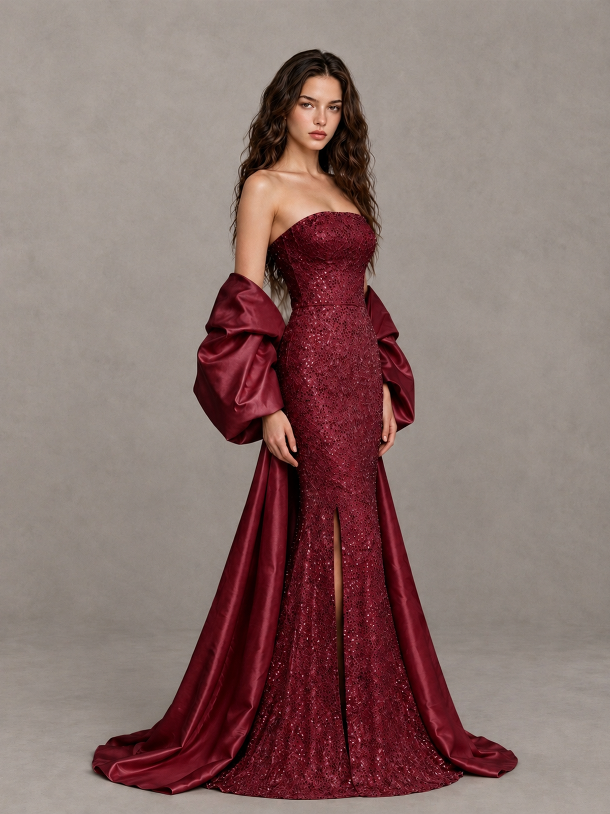 BOLODOO Burgundy Strapless Sparkle Mermaid Prom Dress with Front Slit and Draped Sleeves - Burgundy - Burgundy_3