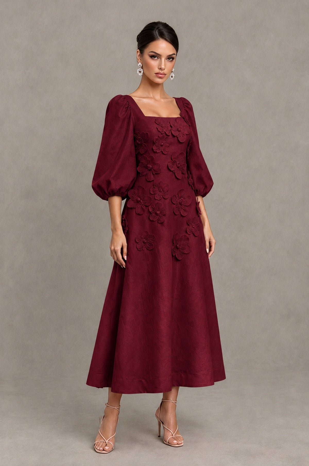 BOLODOO Burgundy 3D Floral Puff Sleeve Midi Cocktail Dress - Burgundy - Burgundy_3