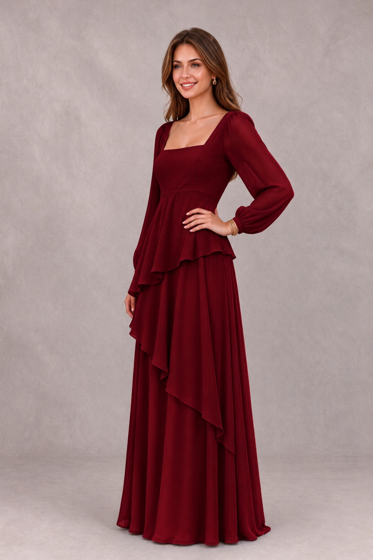 BOLODOO Burgundy Long Sleeve Ruffle Bridesmaid Dresses - Burgundy - Burgundy_3