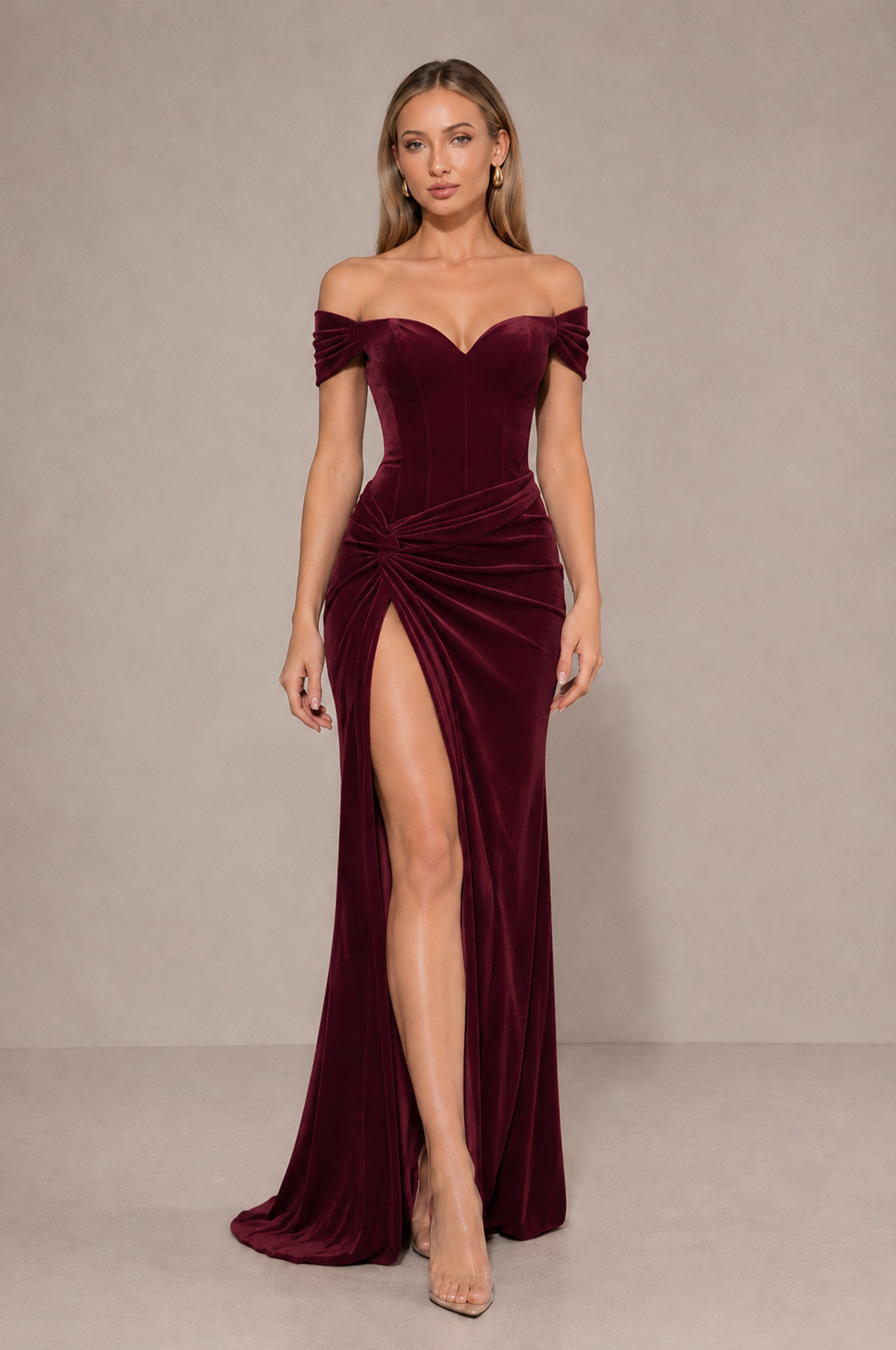 BOLODOO Burgundy Velvet Off-Shoulder Ruched High Slit Evening Dress - Burgundy - Burgundy_3