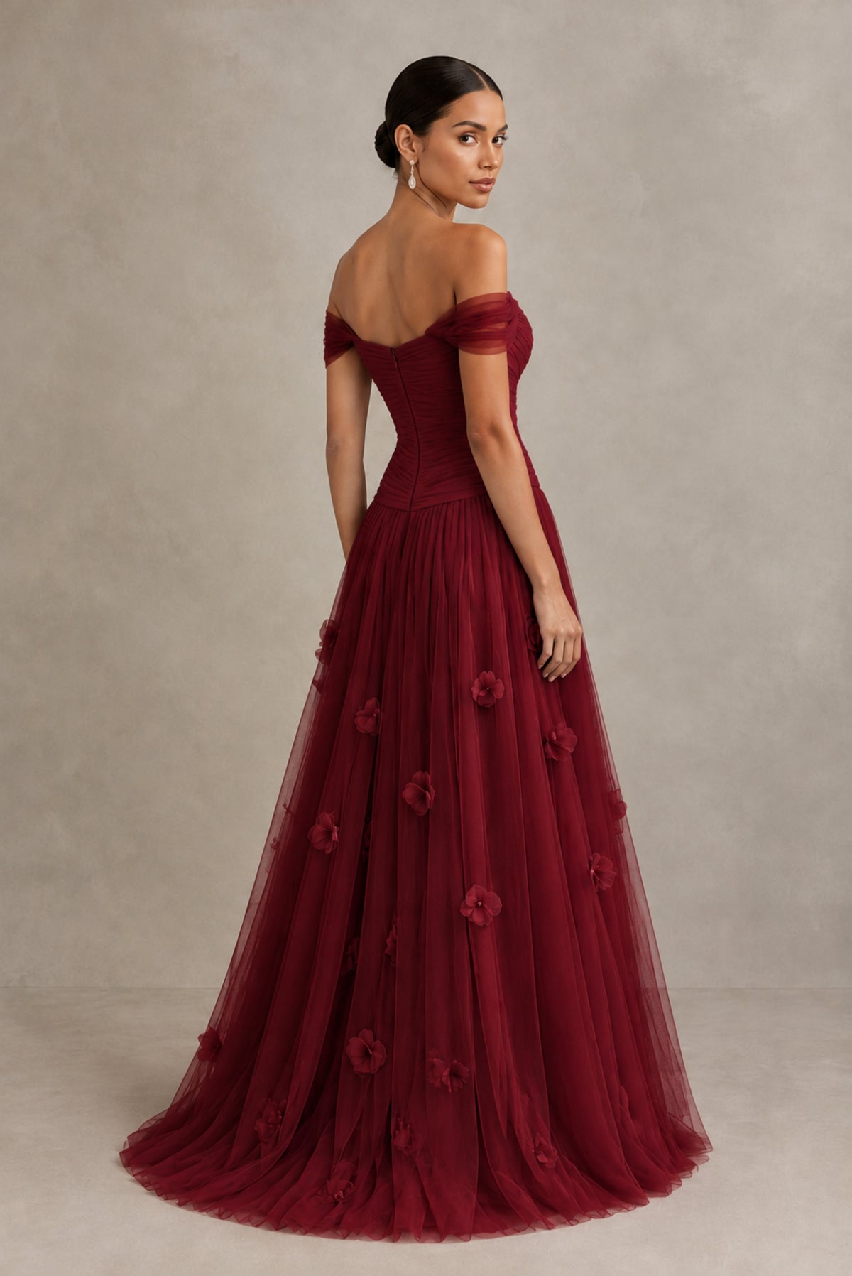 Burgundy Off-Shoulder Sweetheart A-Line Tulle Gown with 3D Floral Appliques | BOLODOO - Burgundy