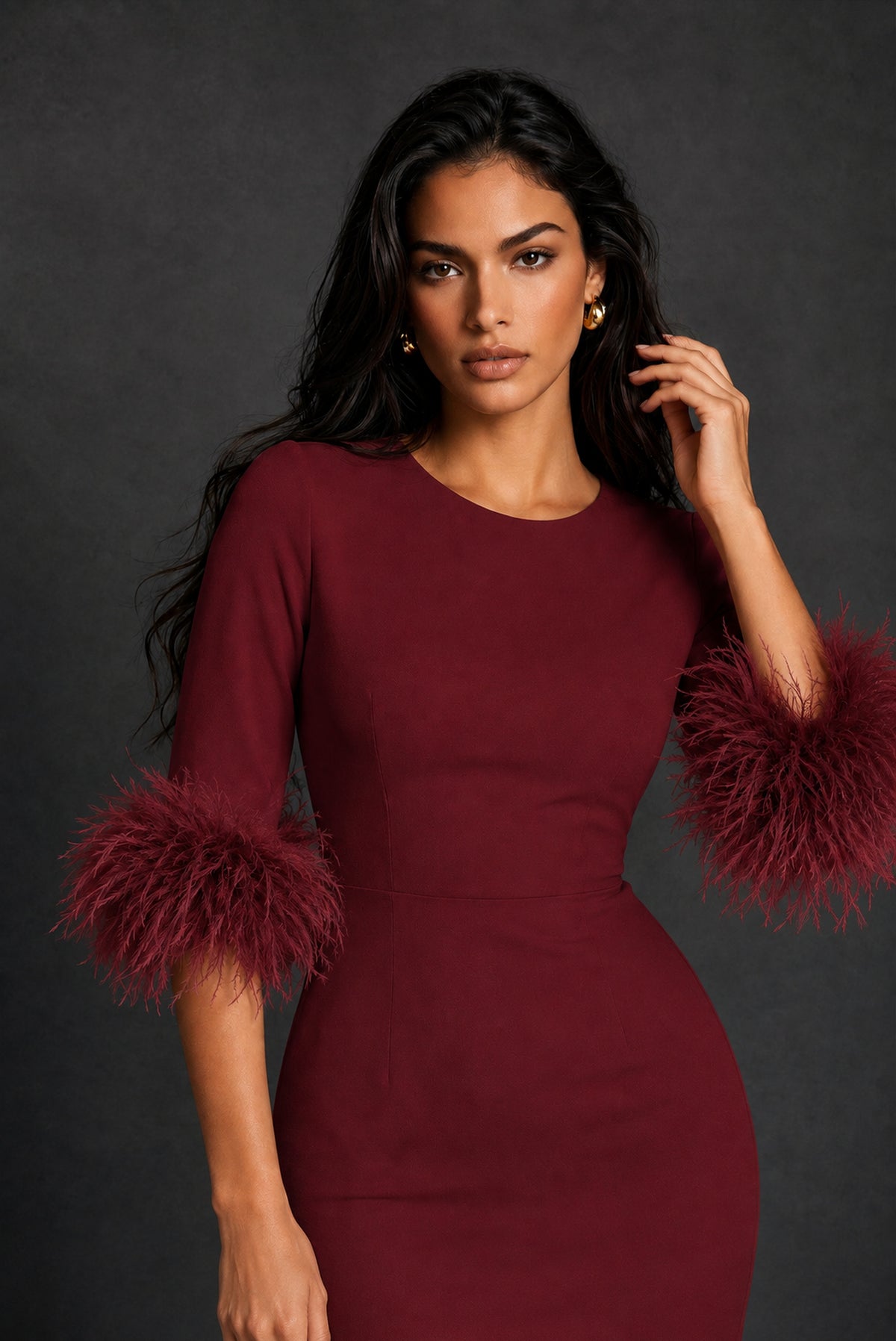 BOLODOO Burgundy Ostrich Feather Cuff 3/4 Sleeve Round Neck Bodycon Midi Dress with Back Slit - Burgundy
