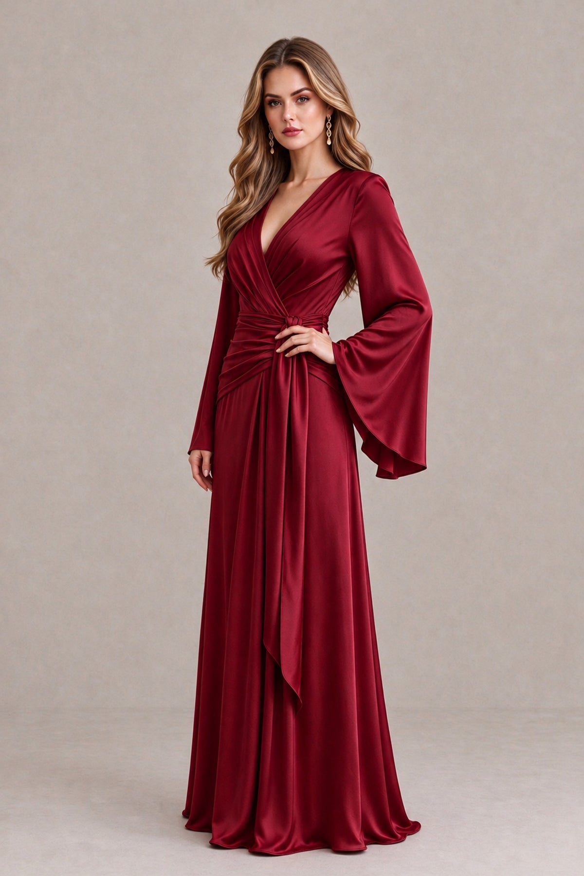 BOLODOO Burgundy Yellow Satin-Look V-Neck Long Bell Sleeve Evening Dress - Burgundy - Burgundy_3