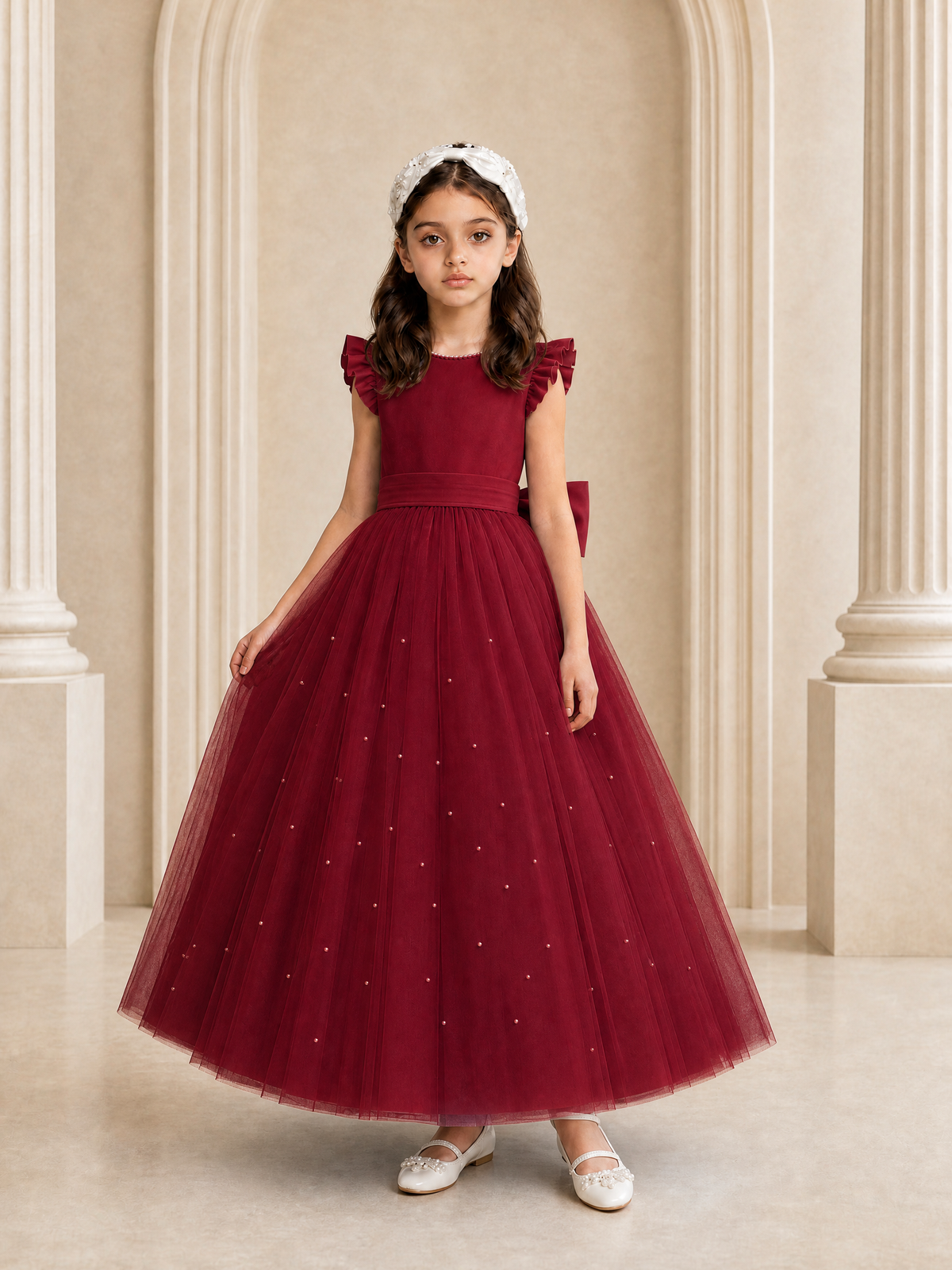 BOLODOO Burgundy Tulle Flower Girl Dress with Ruffle Sleeves & Bow Back - Burgundy - Burgundy_3