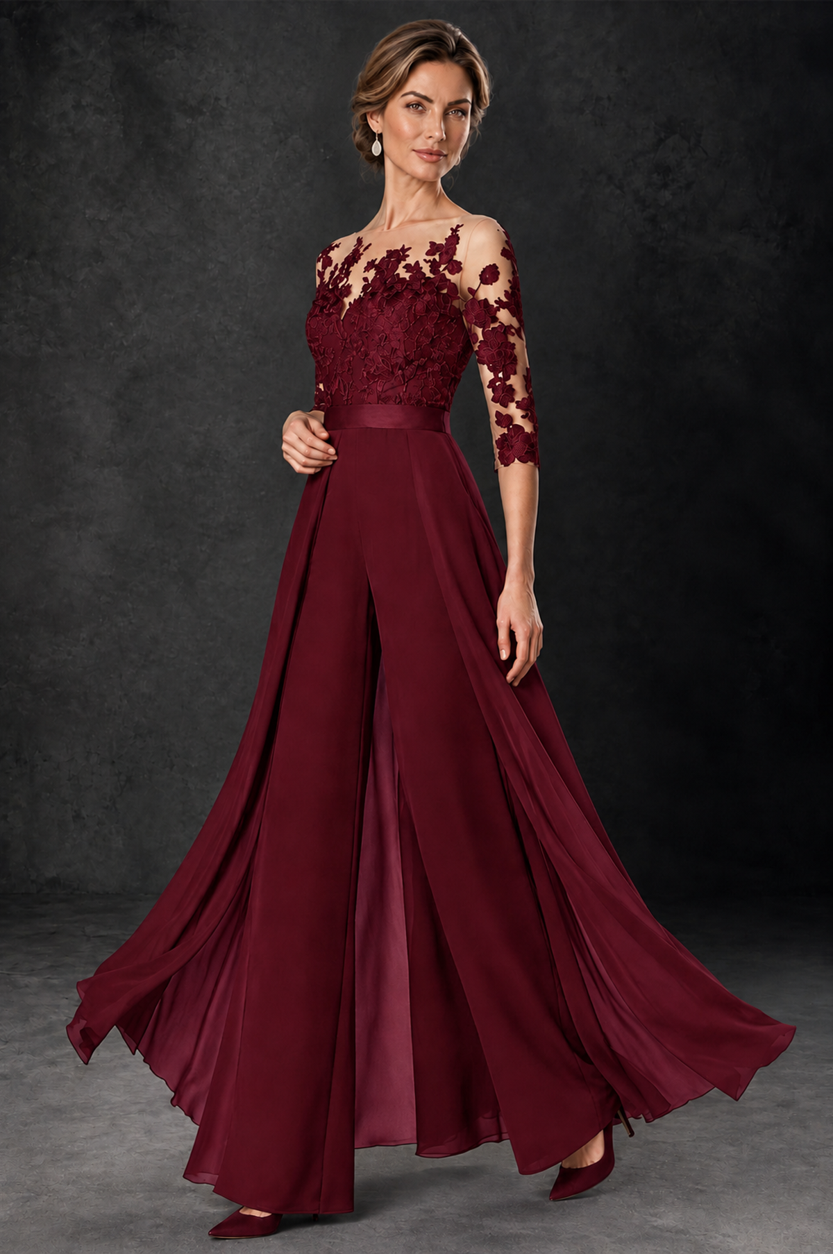 BOLODOO Burgundy Lace Wide-Leg Jumpsuit with Three-Quarter Sleeves - Burgundy - Burgundy_3