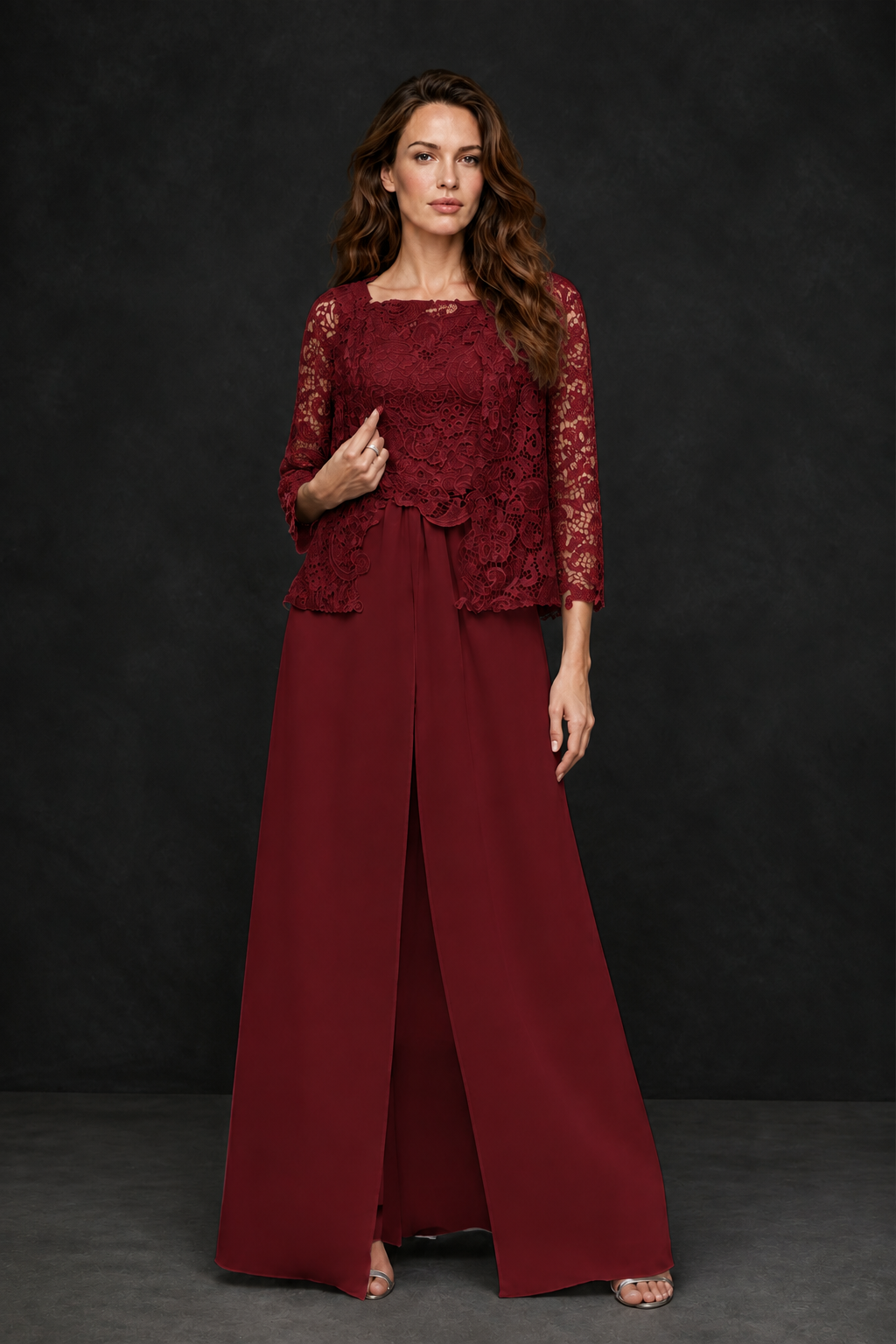 BOLODOO Burgundy Grey Lace Peplum Top & Wide-Leg Chiffon Pants Set | Mother of the Bride & Formal Evening Outfit - Burgundy