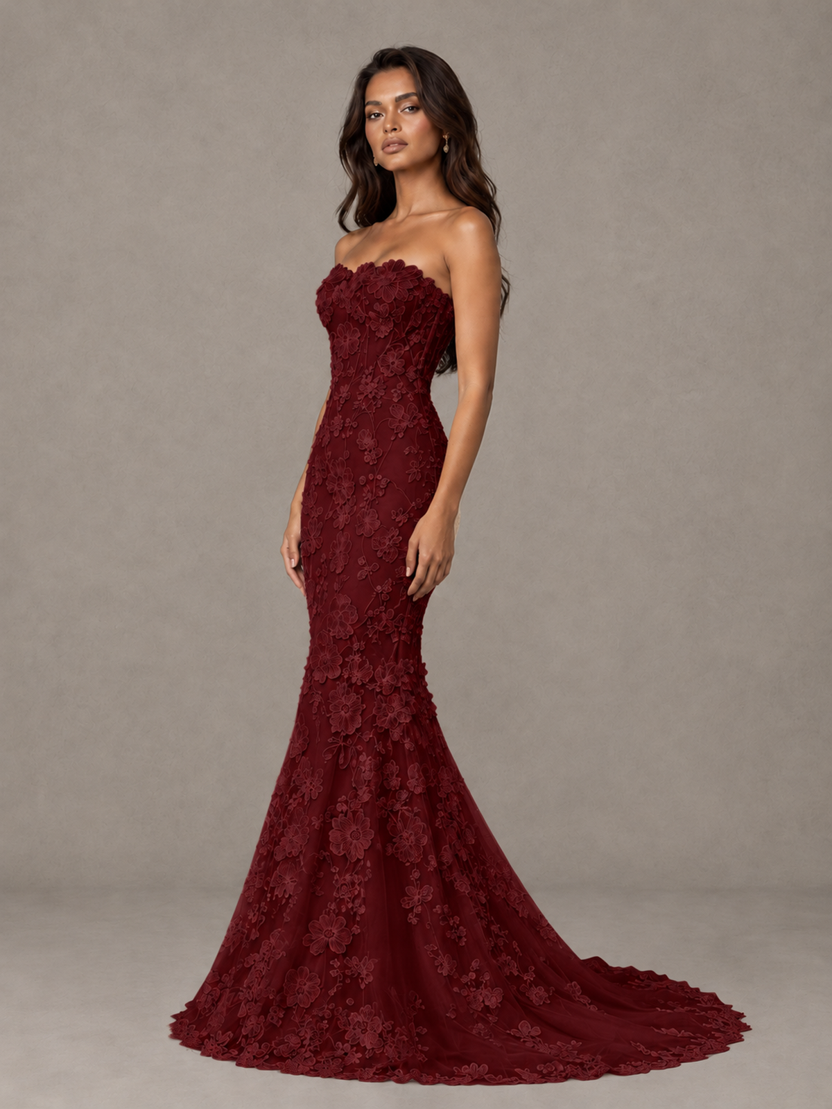 BOLODOO Burgundy Strapless 3D Floral Lace Mermaid Prom Dress with Train - Burgundy - Burgundy_3
