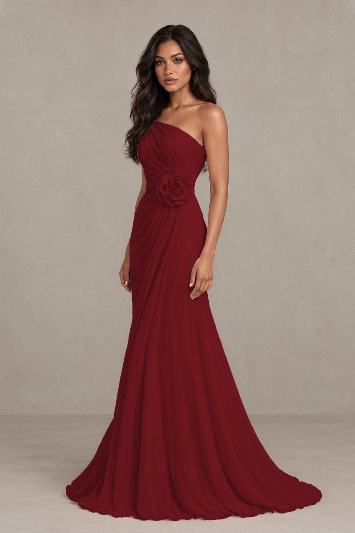 BOLODOO Burgundy One-Shoulder Floral Ruched Maxi Dress - Burgundy