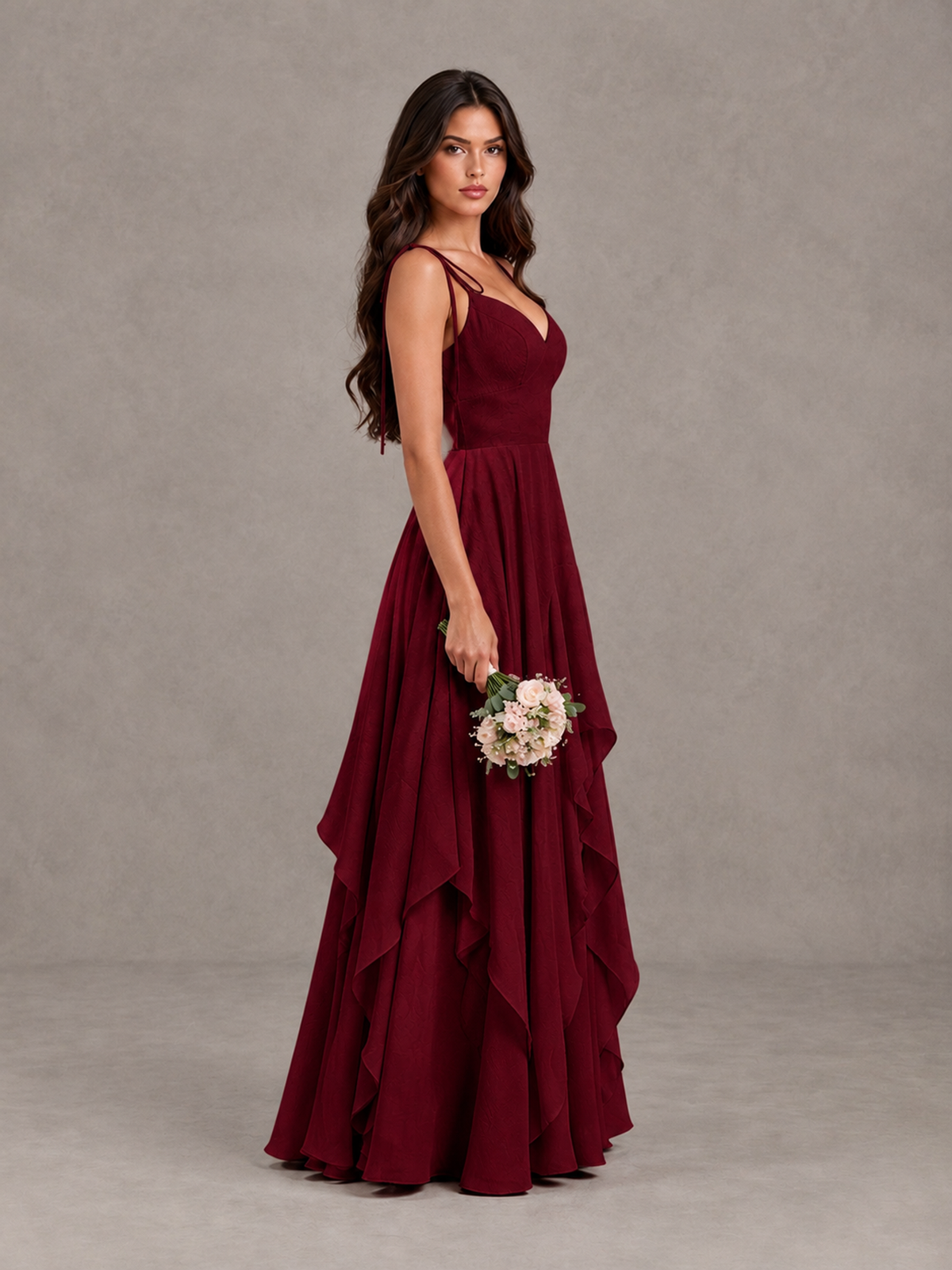 BOLODOO Burgundy Tie-Strap Ruffle A-Line Bridesmaid Dress - Burgundy - Burgundy_3