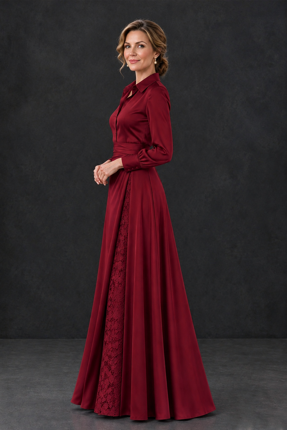 BOLODOO Burgundy Long Sleeve Satin-Look Lace Panel Gown - Burgundy - Burgundy_3