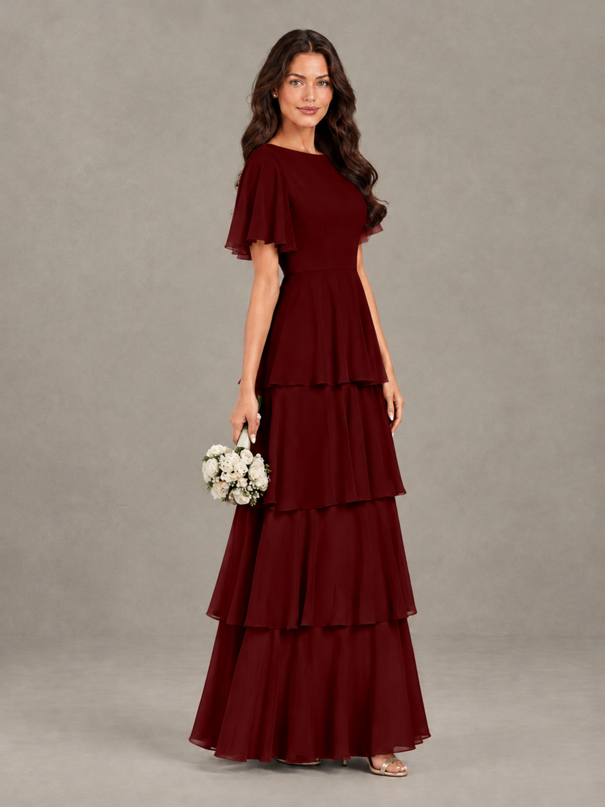 BOLODOO Burgundy Tiered Flutter Sleeve Bridesmaid Dress - Burgundy - Burgundy_3