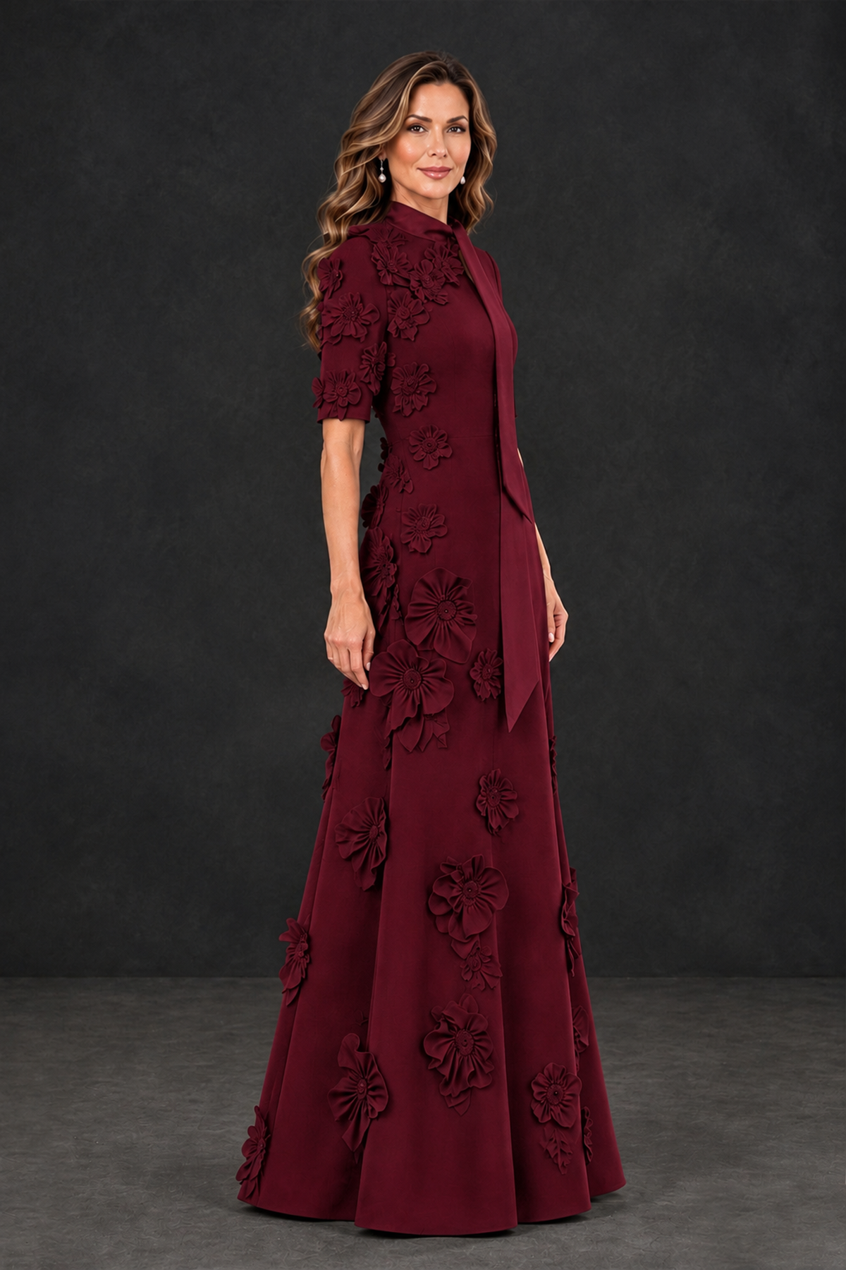 BOLODOO Burgundy Floral Applique High-Neck Half-Sleeve Gown - Burgundy - Burgundy_3