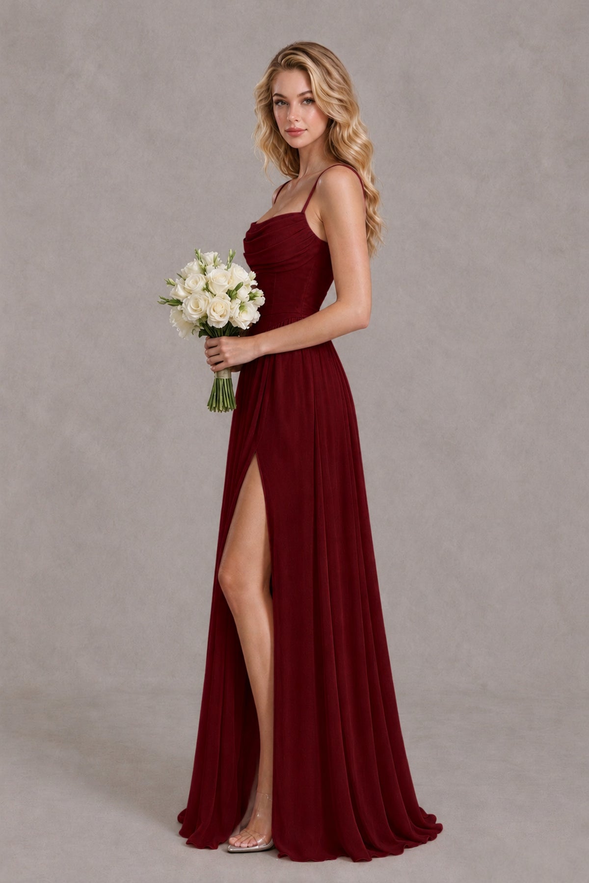 BOLODOO Burgundy Spaghetti Strap A-Line Bridesmaid Dress with Slit - Burgundy - Burgundy_3