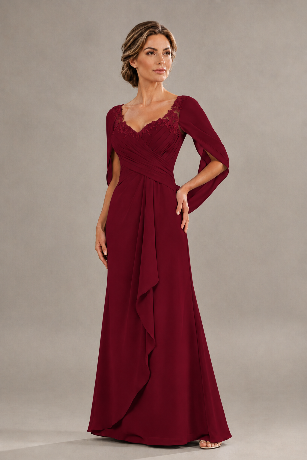 BOLODOO Burgundy Chiffon V-Neck Lace Applique Cape Sleeve Cascade Ruffle Lace-Up Back Sheath Maxi Evening Dress - Burgundy