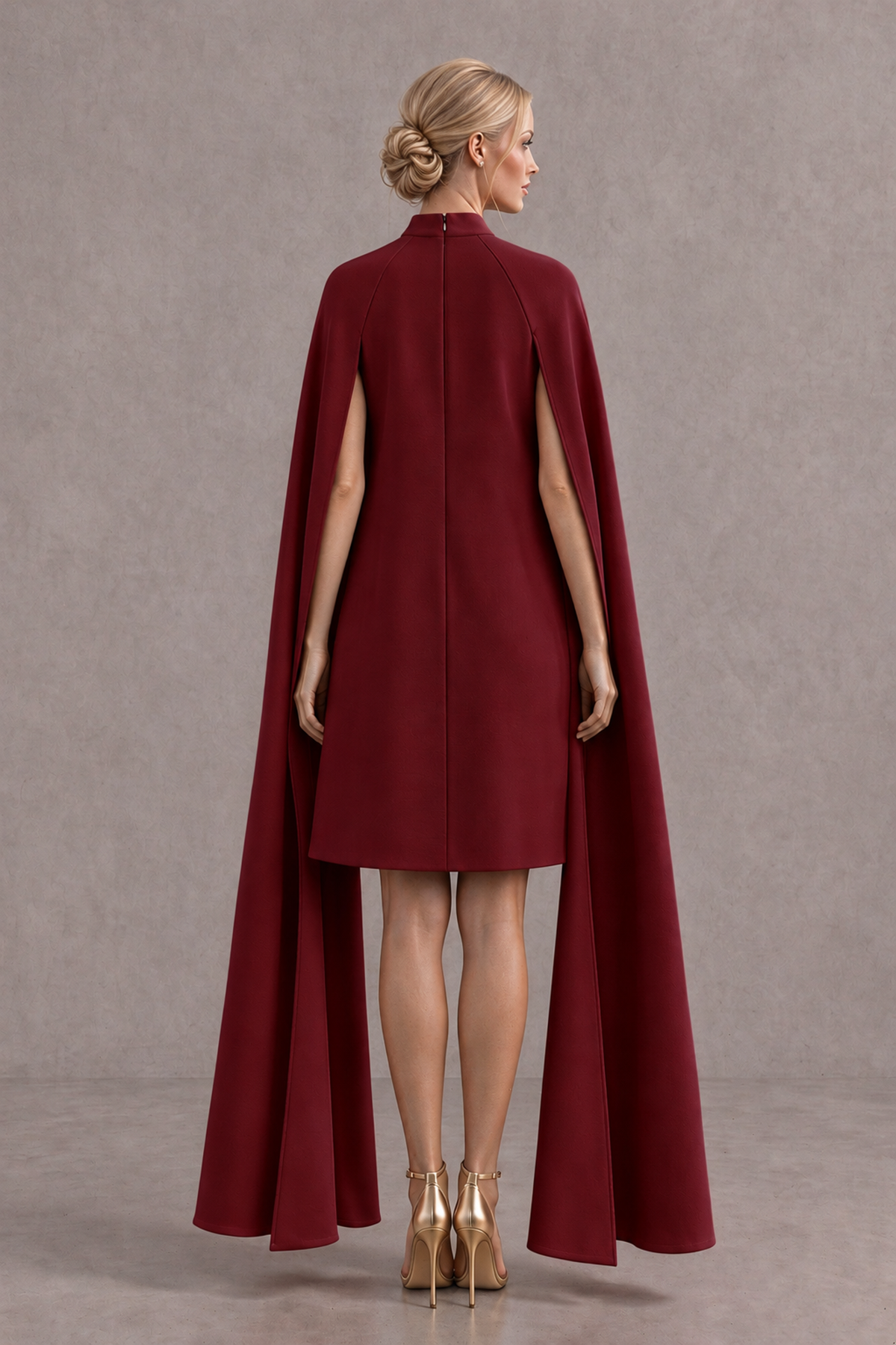 BOLODOO Burgundy High Neck Floral Cape Mini Cocktail Dress - Burgundy - Burgundy_3