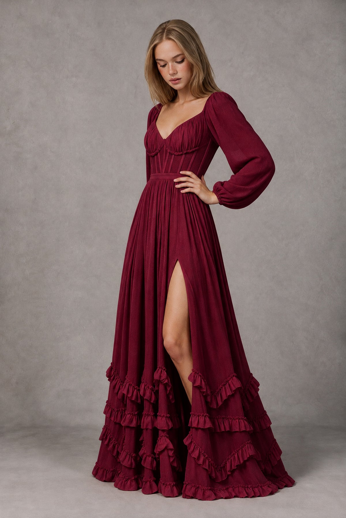 Burgundy Long-Sleeve Ruffle Maxi Dress with Lace-Up Back and Slit - Burgundy