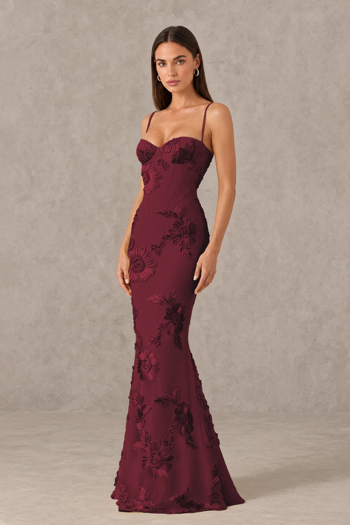 BOLODOO Burgundy Floral Lace-Up Back Mermaid Maxi Dress - Burgundy