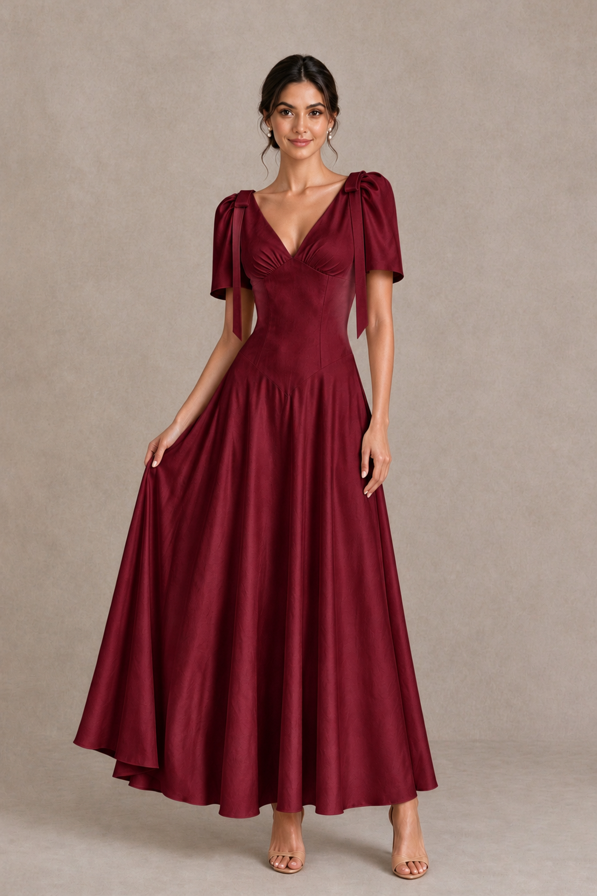 BOLODOO Burgundy V-Neck Short Sleeve Satin-Look Bridesmaid Dress with Shoulder Bows - Burgundy - Burgundy_3