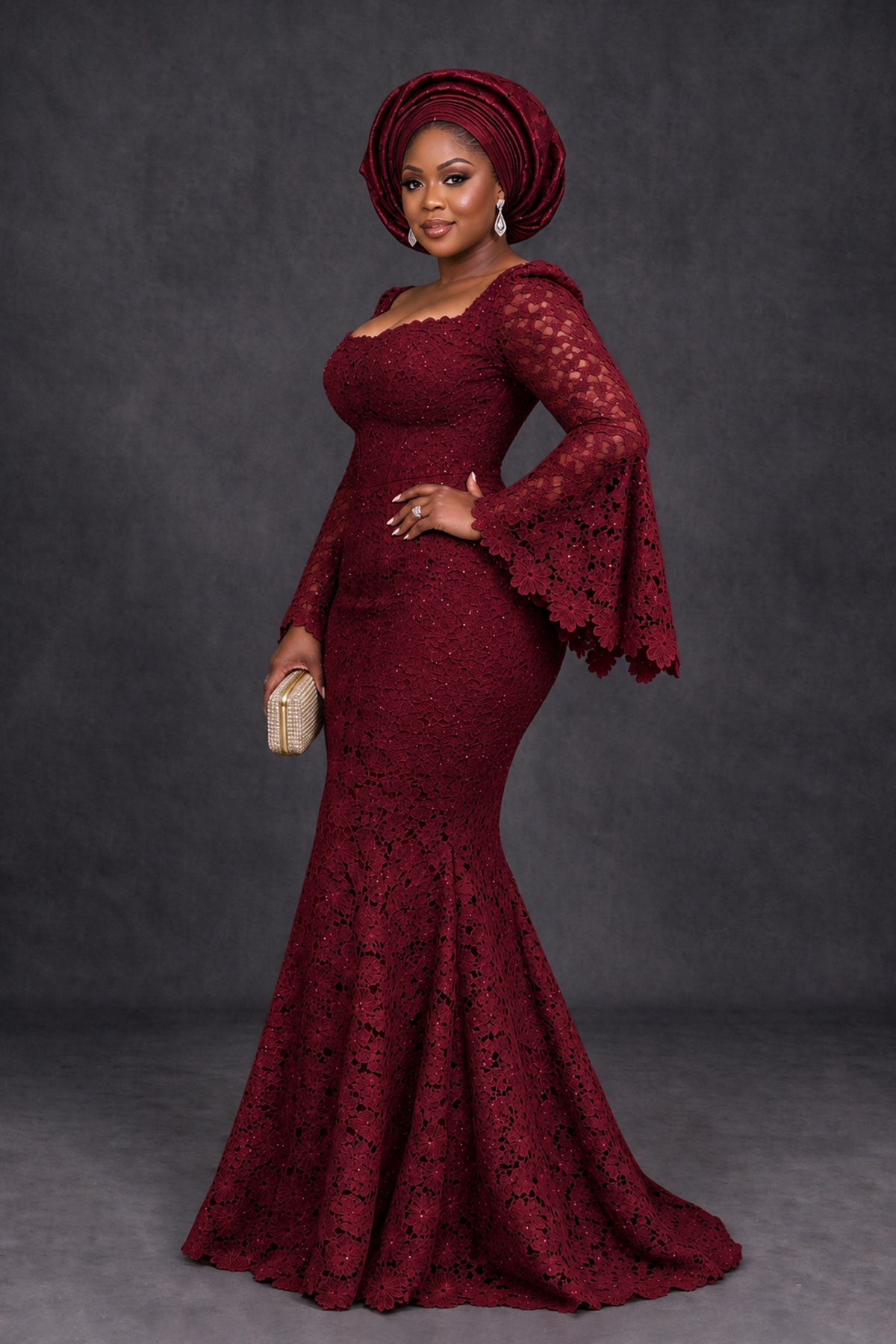 BOLODOO Burgundy African Lace Mermaid Dress, Plus Size Nigerian Wedding Guest Gown with Bell Sleeves - Burgundy - Burgundy_3