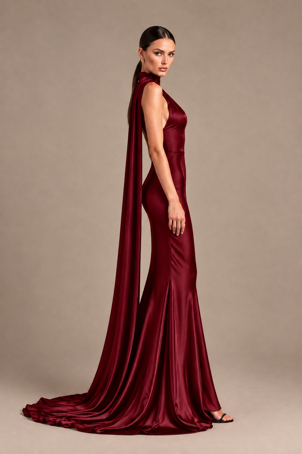 BOLODOO Burgundy One-Shoulder Satin Mermaid Evening Dress with Scarf - Burgundy - Burgundy_3