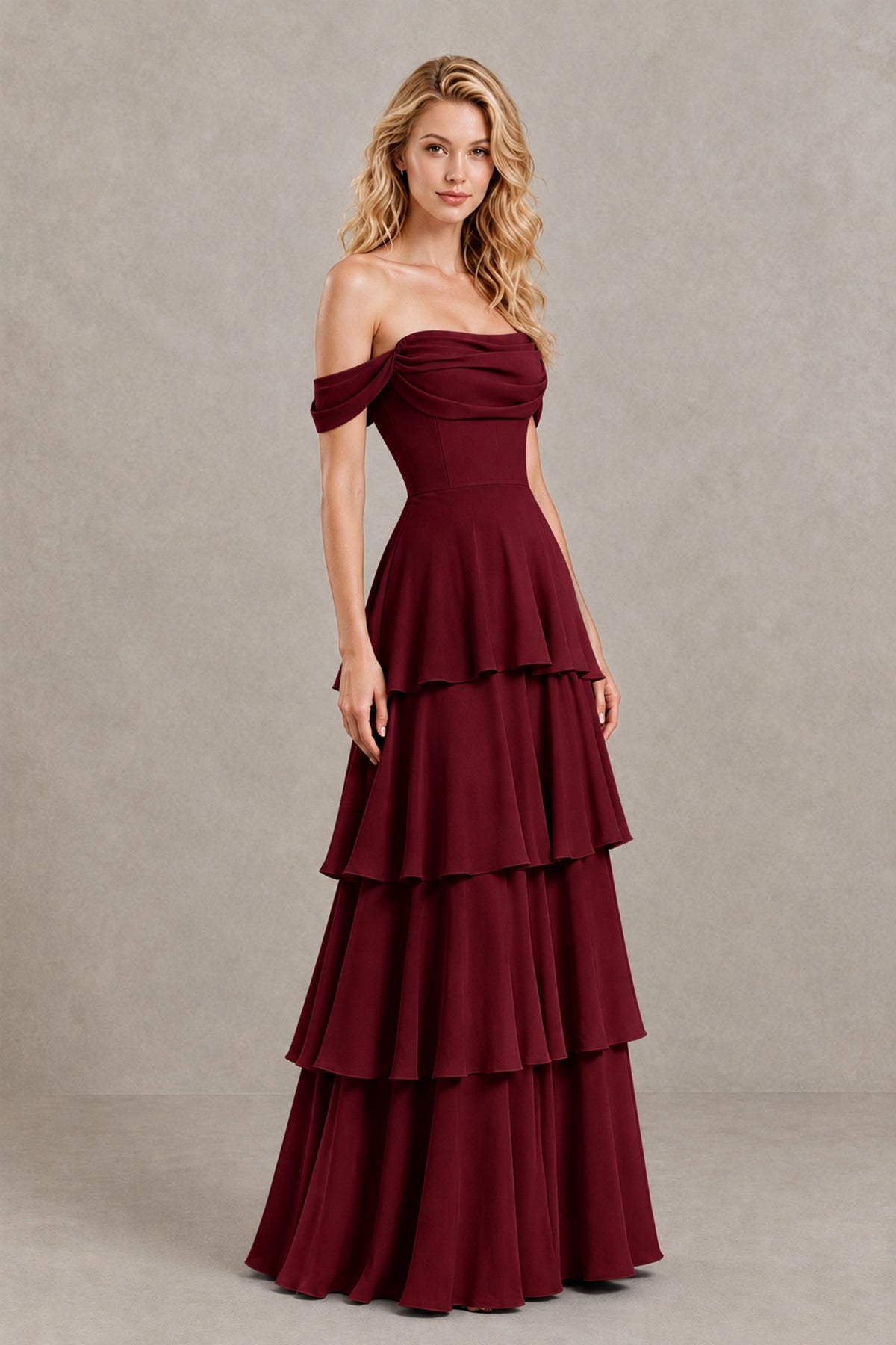 BOLODOO Burgundy Off-the-Shoulder Tiered A-Line Evening Bridesmaid Dress - Burgundy - Burgundy_3