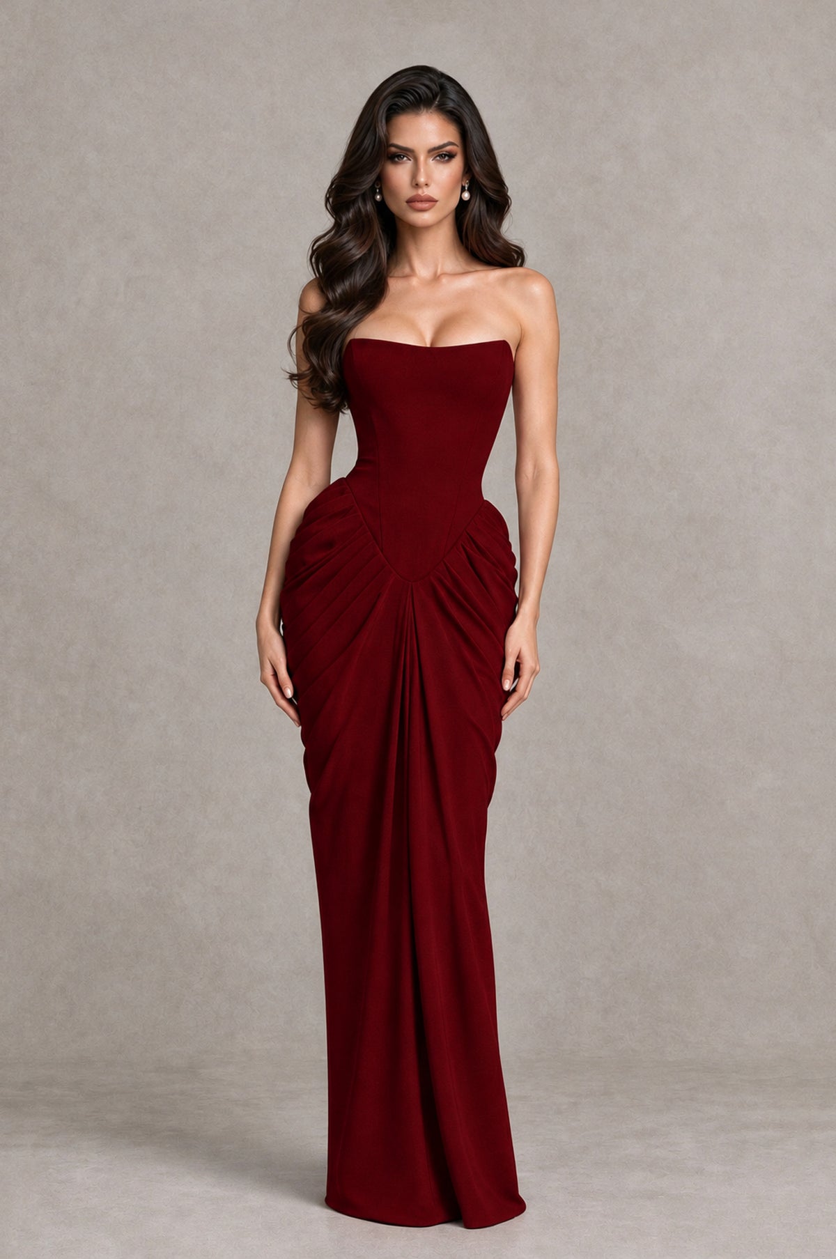 BOLODOO Burgundy Strapless Ruched Corset Evening Gown - Burgundy - Burgundy_3