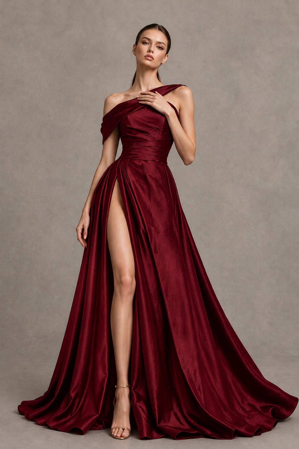 BOLODOO Burgundy Asymmetric Satin-Look A-Line Prom Dress with High Slit - Burgundy - Burgundy_3