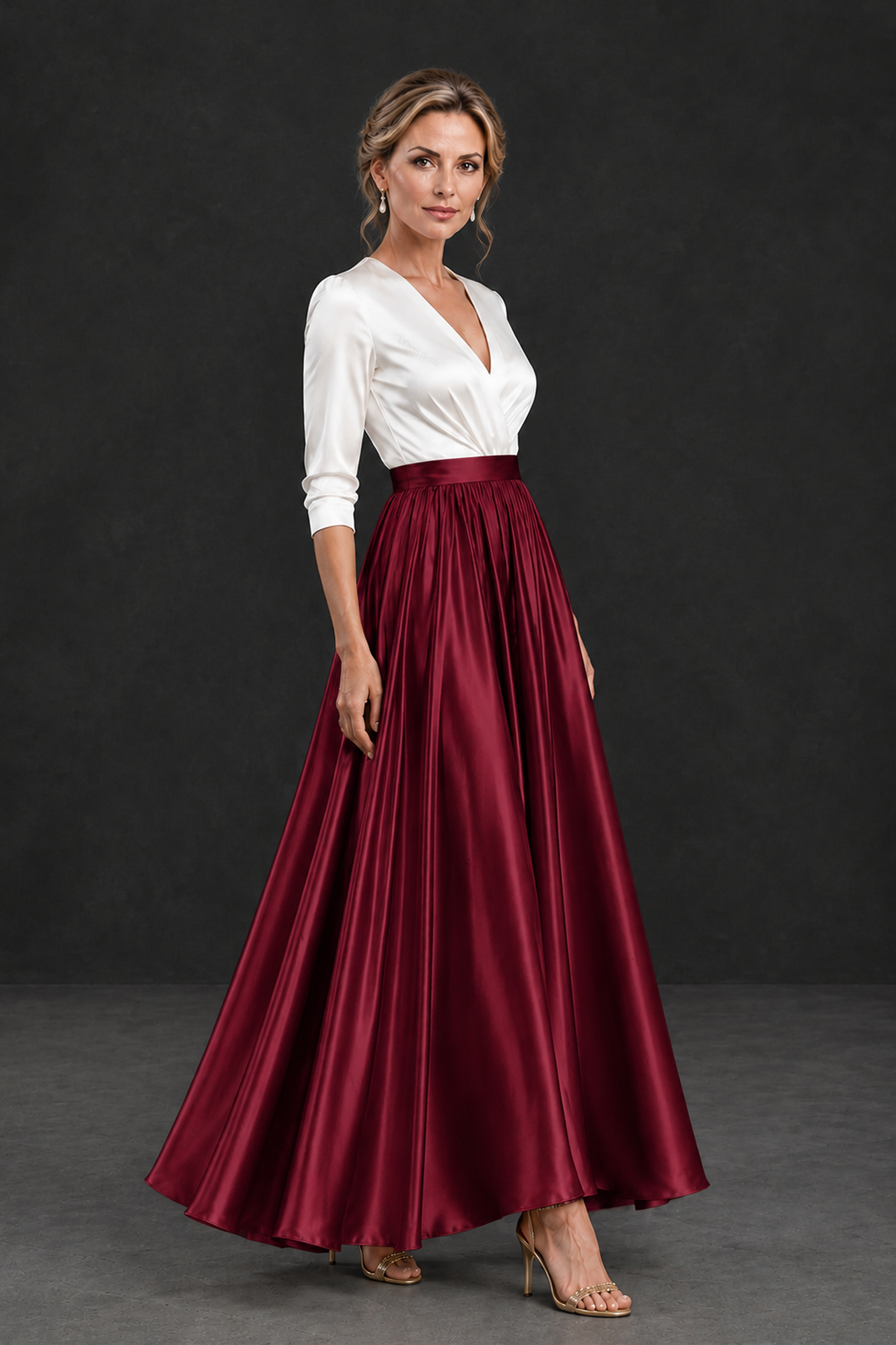 BOLODOO Burgundy and White V-Neck A-Line Mother of the Bride Dress - Burgundy - Burgundy_3
