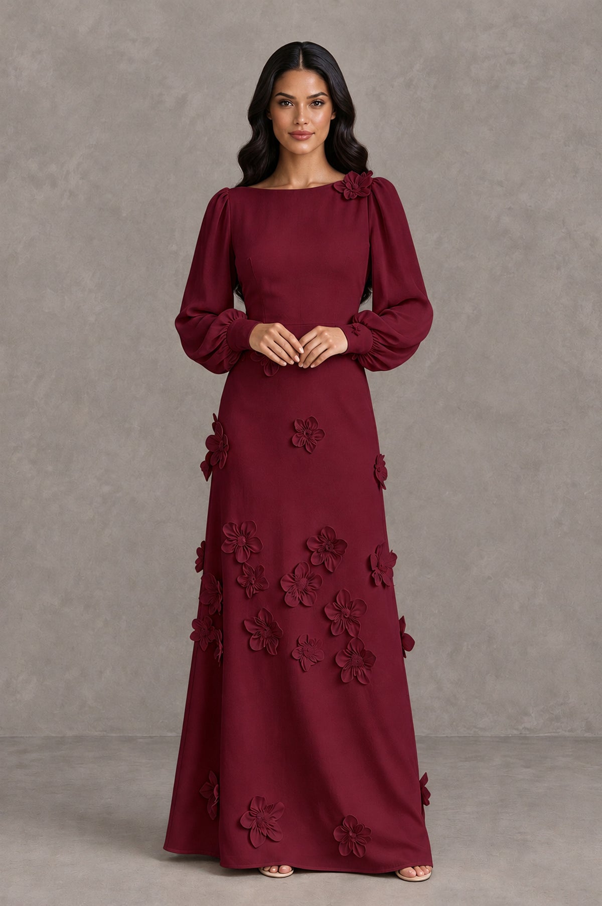 BOLODOO Burgundy Long Sleeve Floral Applique A-Line Evening Dress - Burgundy - Burgundy_3