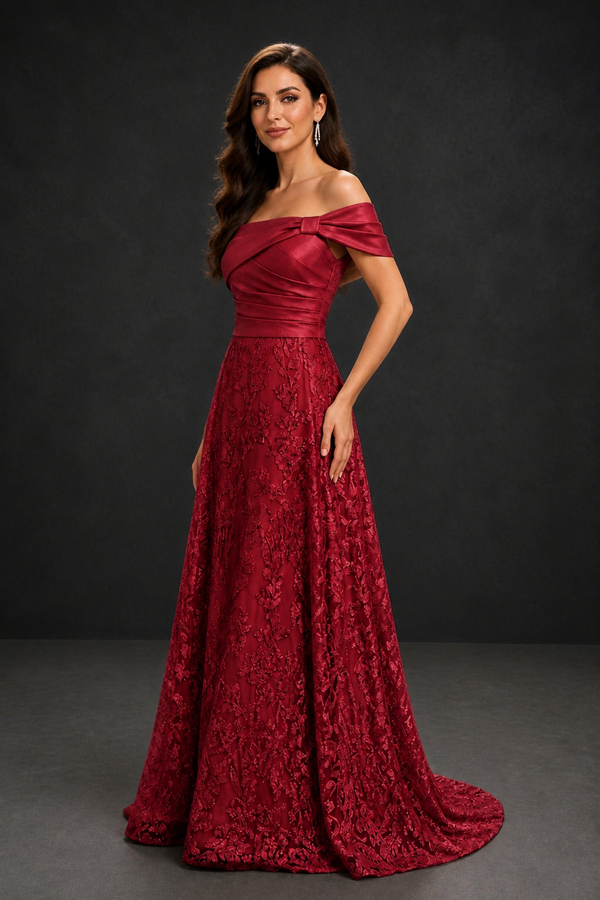 BOLODOO Burgundy Lace Glitter Off Shoulder Cap Sleeve A-Line Ball Gown with Train – Formal Evening Dress - Burgundy