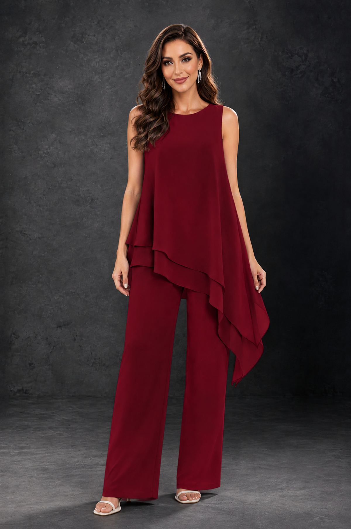 BOLODOO Burgundy Layered Mother of the Bride Pantsuit with Jacket - Burgundy - Burgundy_3