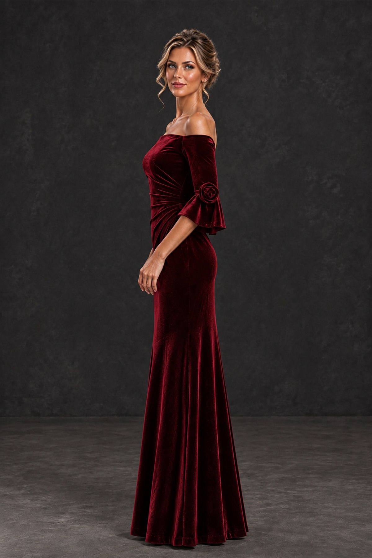 BOLODOO Burgundy Velvet Off-Shoulder Mother of the Bride Dress – 3/4 Floral Cuff Sleeve Mermaid Evening Gown - Burgundy - Burgundy_3