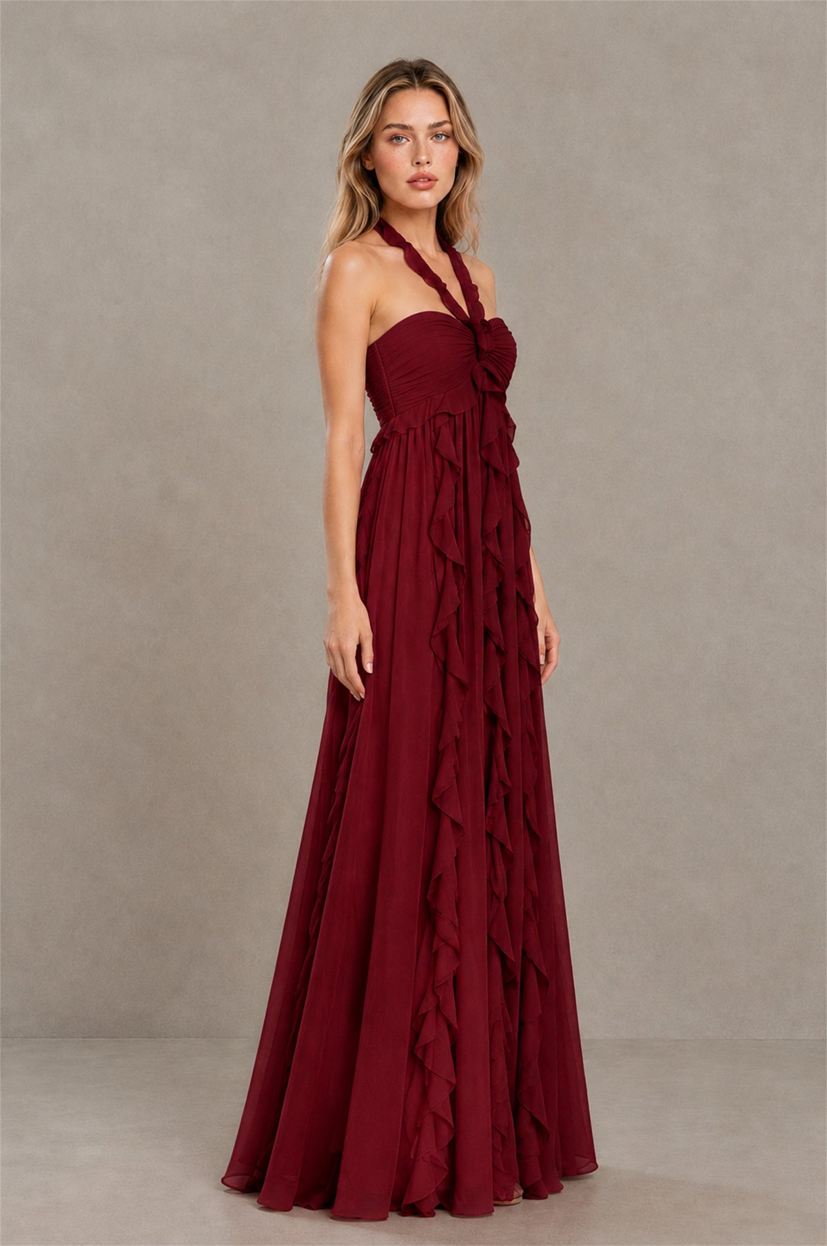 BOLODOO Burgundy Halter Ruffle A-Line Floor-Length Evening Dress - Burgundy - Burgundy_3