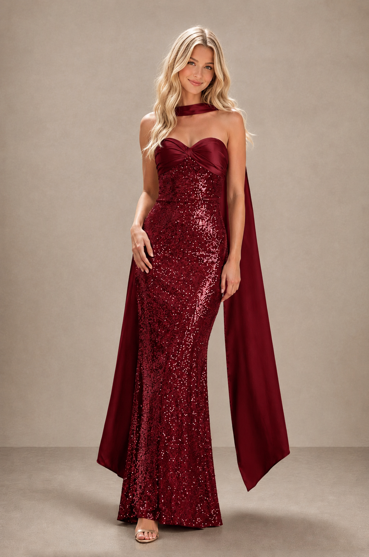 BOLODOO Burgundy Strapless Sweetheart Evening Dress with Scarf - Burgundy - Burgundy_3